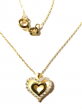 585/-14K GOLD Doppelherz Collierkettchen mit Zirkonia