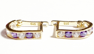 Echt Gold 585/ -14 K Ohrringe schön mit lila weissen Zirkonia