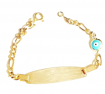 585/-14K GELBGOLD KINDERARMBAND MIT PLATTE türkische Auge, für Gravur geeignet
