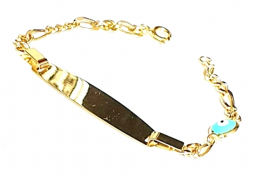 585/-14K GELBGOLD KINDERARMBAND MIT PLATTE türkische Auge, für Gravur geeignet