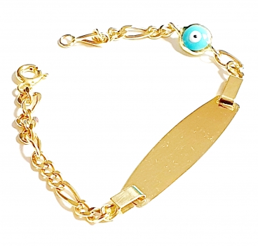 585/-14K GELBGOLD KINDERARMBAND MIT PLATTE türkische Auge, für Gravur geeignet