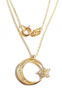 585/-14K GOLD Mond Stern Gold Collier mit Zirkonia bestückt
