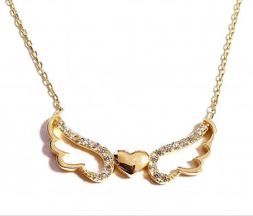 585/-14K GOLD magische Engelsflügeln-Herz Gold Collier mit Zirkonia bestückt