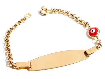 585/-14K GELBGOLD KINDERARMBAND MIT PLATTE türkische Auge, für Gravur geeignet