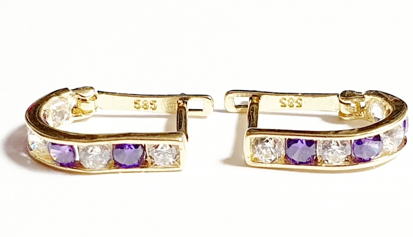 Echt Gold 585/ -14 K Ohrringe schön mit lila weissen Zirkonia