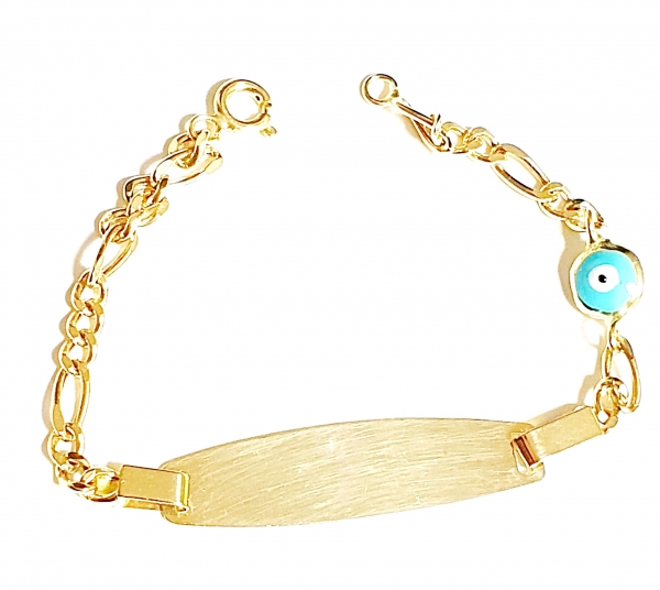 585/-14K GELBGOLD KINDERARMBAND MIT PLATTE türkische Auge, für Gravur geeignet