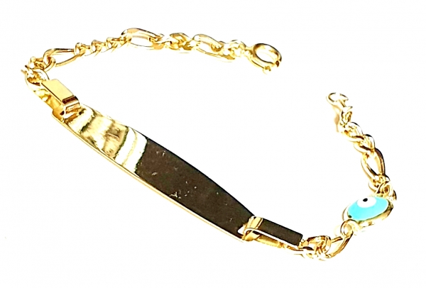 585/-14K GELBGOLD KINDERARMBAND MIT PLATTE türkische Auge, für Gravur geeignet