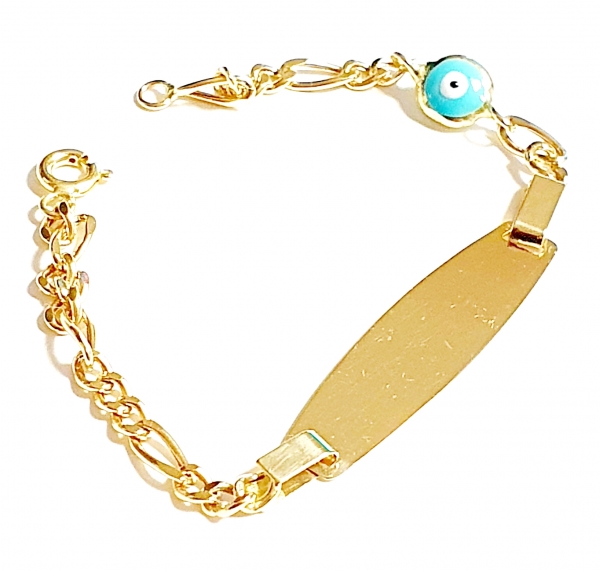 585/-14K GELBGOLD KINDERARMBAND MIT PLATTE türkische Auge, für Gravur geeignet