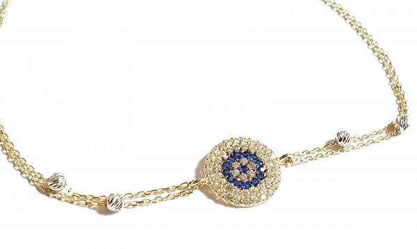 585/-14K GELBGOLD TÜRKISCHES AUGE ARMBAND MIT ZIRKONIA