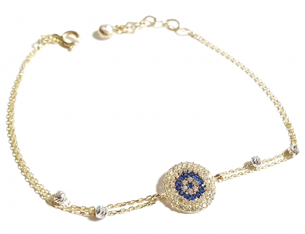 585/-14K GELBGOLD TÜRKISCHES AUGE ARMBAND MIT ZIRKONIA