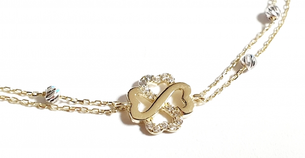 585/-14K GELBGOLD ARMBAND MIT ZIRKONIA KLEEBLATT HERZFORM