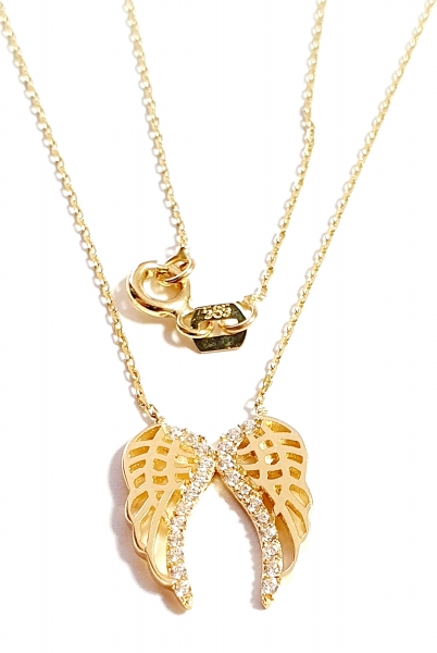 585/-14K GOLD Sagenhafter Engelsflügel Gold Collier mit Zirkonia