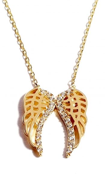 585/-14K GOLD Sagenhafter Engelsflügel Gold Collier mit Zirkonia