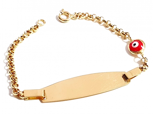 585/-14K GELBGOLD KINDERARMBAND MIT PLATTE türkische Auge, für Gravur geeignet