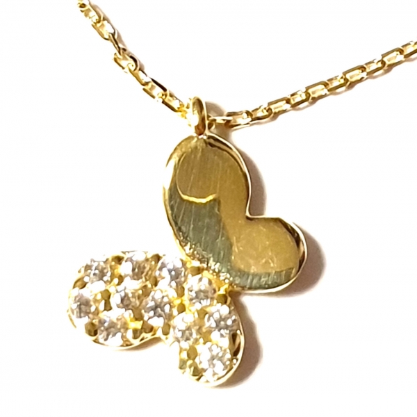 585/-14K GOLD glänzender Schmetterling Gold Collier mit Zirkonia bestückt
