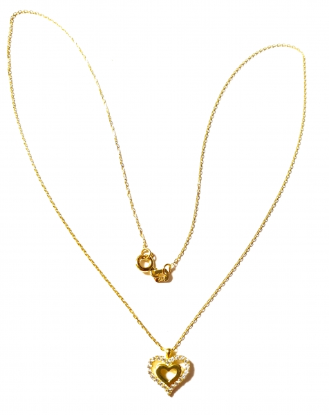 585/-14K GOLD Doppelherz Collierkettchen mit Zirkonia